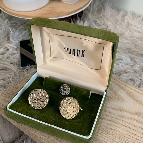 Vintage Swank Gold Tone Geometric Cuff Links & Tie Tack With Original Box - Picture 17 of 17